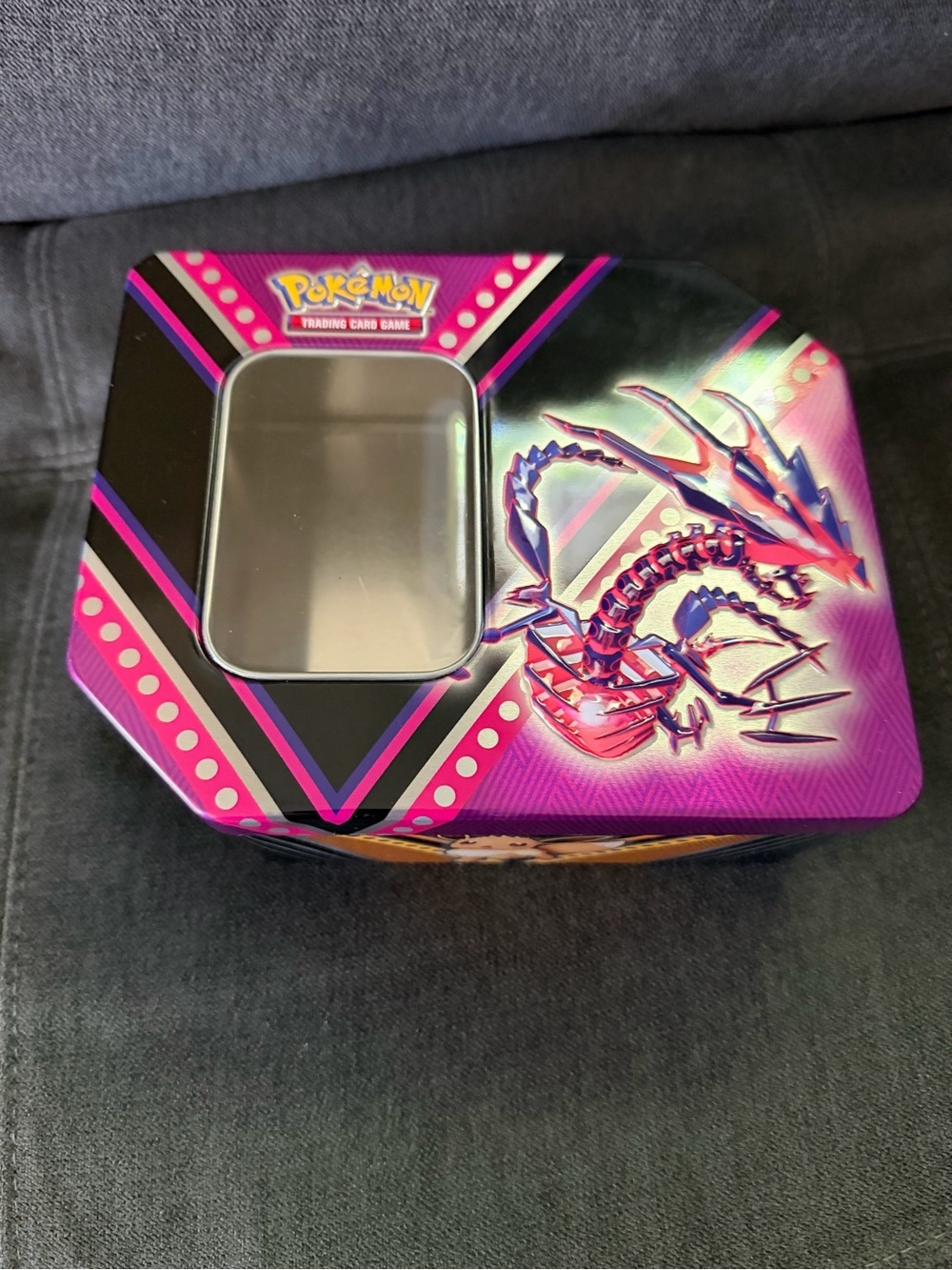 Pokemon Pink and Purple Steel Tin Featuring Skeletal Dragon Art